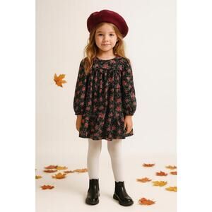 Girls Floral Long Sleeve Ruffle Dress Size 6/6X Black Pink Twirl Cotton Blend